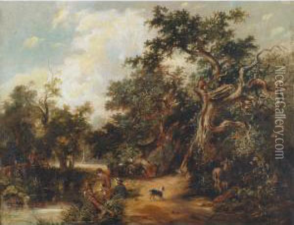 Gypsies Fishing From A Stream With Horse And Wagon Oil Painting - Arthur James Stark