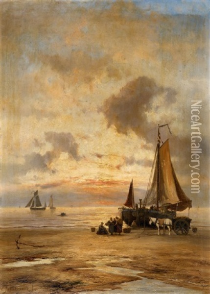 Coastal Landscape At Evening With Fisherwomen And A Cart Oil Painting - Johannes Koekkoek