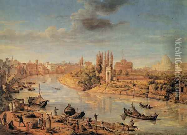 View of Rome with the Tiberand Castel Sant'Angelo Oil Painting - Caspar Andriaans Van Wittel