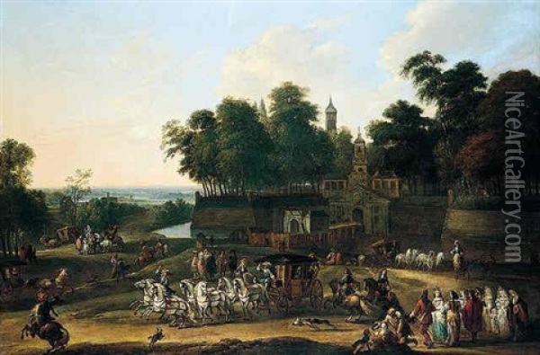 A Landscape With Noblemen In Their Carriages And Other Elegant Figures Before A Moated Town Oil Painting - Adam Frans van der Meulen