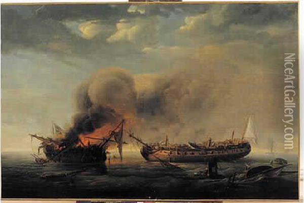 Le Combat Naval Entre Le Quebec Et La Surveillante Oil Painting - Pierre Julien Gilbert