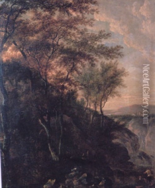 An Evening Italianate Landscape With Figures Resting Beside A Rocky Stream In The Foreground Oil Painting - Jan Hackaert