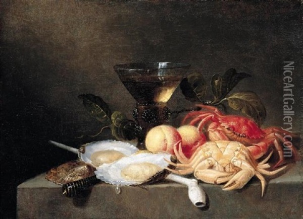 A Still Life Of Crabs, Oysters, Apricots, A Roemer, And A Pipe, All Upon A Stone Ledge Oil Painting - Theodorus (Dirk) Smits