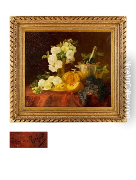 White Rose, Fruit And Champagne Oil Painting - Edward van Ryswyck
