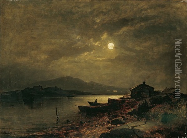 Norwegische Fjordlandschaft Bei Mondschein Oil Painting - Sophus Jacobsen