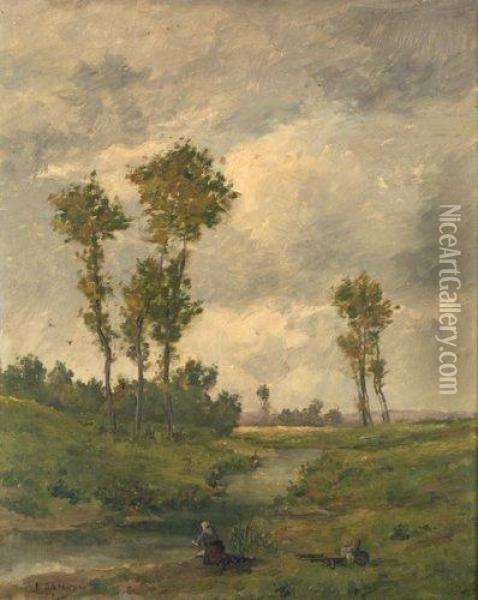 Ruisseau Et Lavandiere Oil Painting - Pierre-Emmanuel Damoye