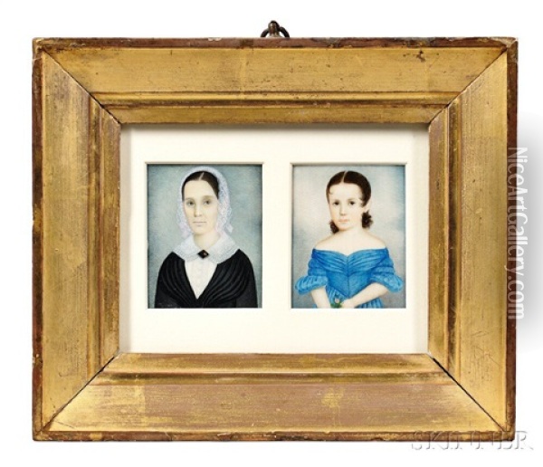 Pair Of Portrait Miniatures Of A Mother And Daughter Oil Painting - Clarissa Peters Russell