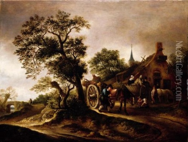 Landscape With Figures And Carts Before A Cottage Oil Painting - Isaac Van Ostade