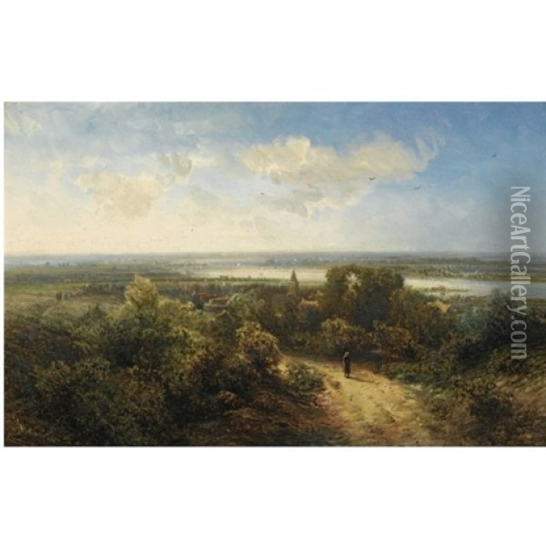 A Figure In A Panoramic Landscape Oil Painting - Pieter Lodewijk Francisco Kluyver