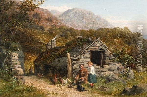 Figures And Chickens Before A Stonecottage Oil Painting - Valentin Walter Bromley