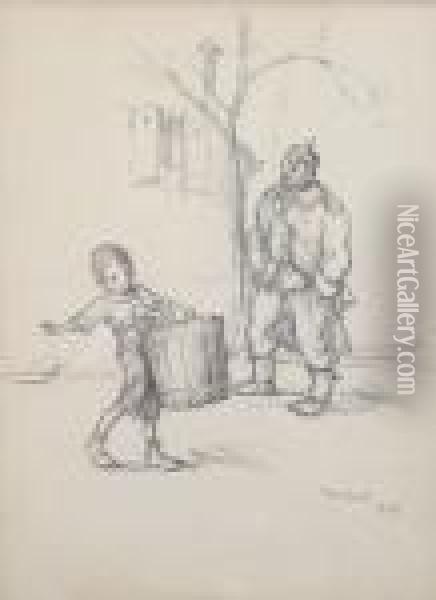 A Study Of A Boy Carrying A Bucket With A Soldier Looking On Oil Painting - Francisque Poulbot