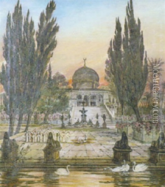 Ceremonie Religieuse Au Pied De La Mosquee Oil Painting - Otto Lasius