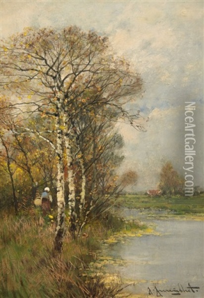 A River Landscape In Autumn (+ A River Landscape In Winter; 2 Works) Oil Painting - Johann Jungblut