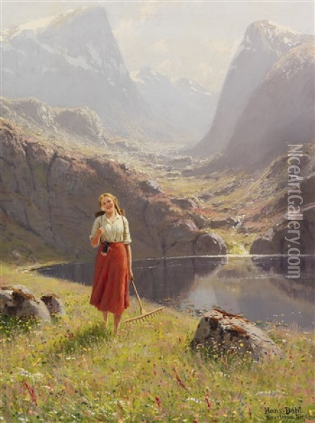 Sommer Am Norwegischen Fjord - Heimkehrendes Madchen Mit Rechen Und Kiepe Oil Painting - Hans Andreas Dahl