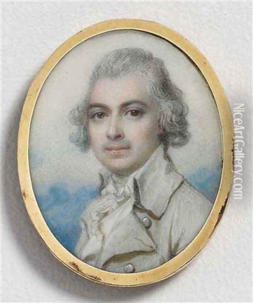 Mr Allpress, In Pale Gray Coat, White Waistcoat And Frilled Cravat, Powdered Hair Oil Painting - Richard Cosway
