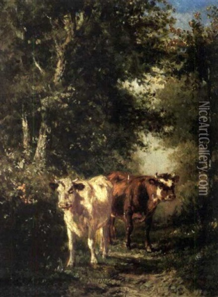 Zwei Kuhe Auf Einem Waldweg Oil Painting - Francois Auguste Ortmans