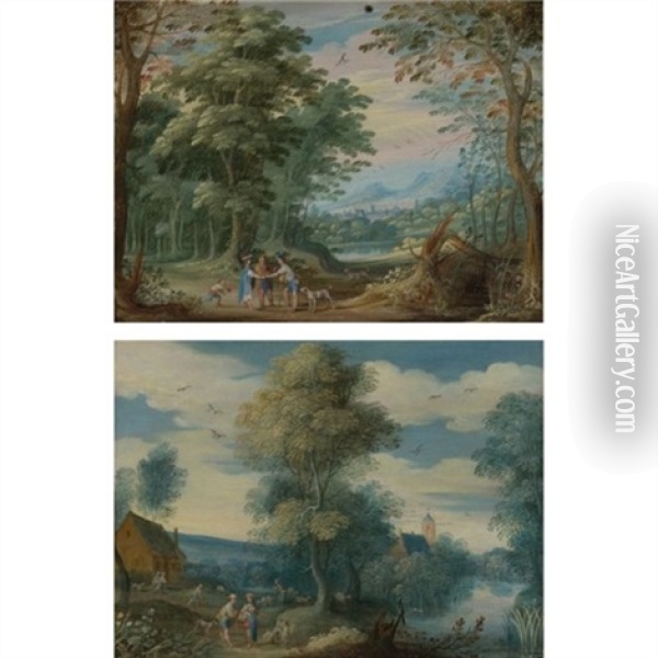 A Landscape With A Wood, Figures Meeting On A Path, And A Village Beyond (+ A Landscape With Little Village Next To A Stream With Figures Conversing; Pair) Oil Painting - Jasper van der Laanen