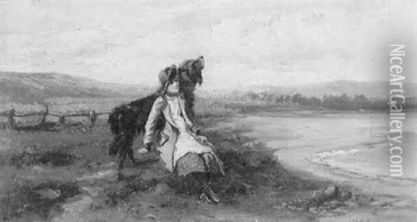 A Girl With A Black Setter On A Dune Overlooking A Beach Oil Painting - Mari ten Kate