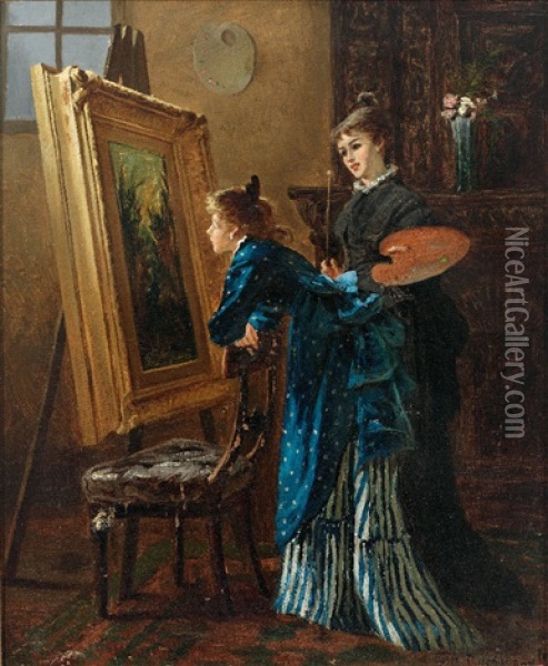 Malerin Und Kunstinteressierte Vor Einem Gemalde Oil Painting - Vilhelm Rosenstand