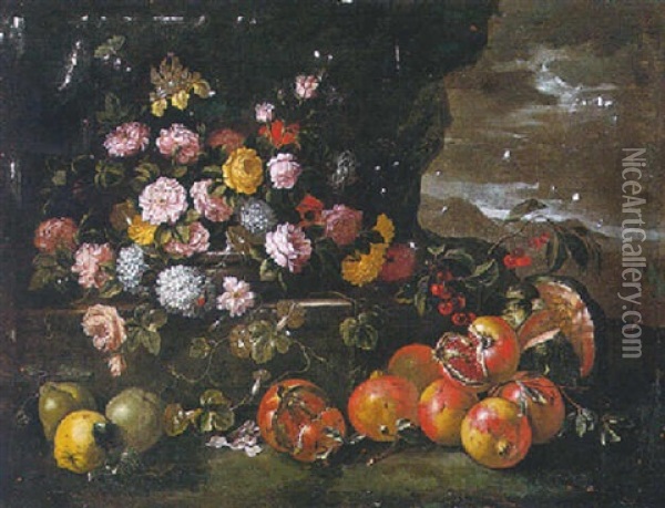 Still Life Of Flowers In An Urn, Pomegranate, Pears And Cherries, All In A Landscape Oil Painting - Bartolommeo Bimbi