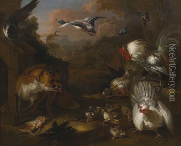 Fox In A Farmyard With A Family Of Chickens Oil Painting - Melchior de Hondecoeter