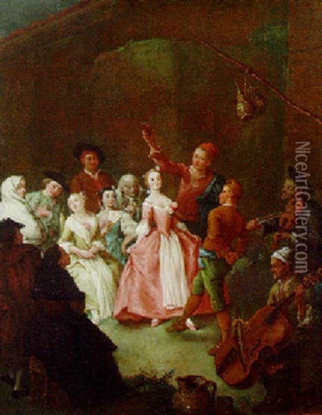 La Furlana: Peasants Dancing And Merrymaking Outside A Tavern Oil Painting - Pietro Longhi