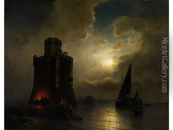 Nachtlicher Wachturm Am Meer Oil Painting - Julius Koehnholz