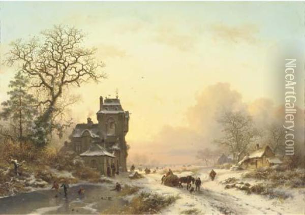 On The Ice By A Mansion At Sunset Oil Painting - Frederik Marianus Kruseman