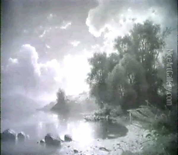 Gebirgssee In Mondheller Sommernacht Oil Painting - Adolf Chwala
