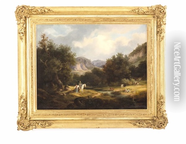 Begegnung Im Tal Mit Hirten, Bauer Und Rindern Oil Painting - Ferdinand Schaeck