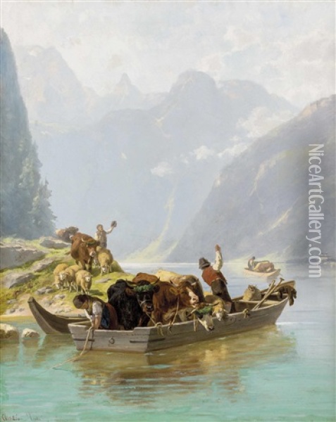 Vieh-uberfahrt Am Konigssee Oil Painting - Christian Friedrich Mali