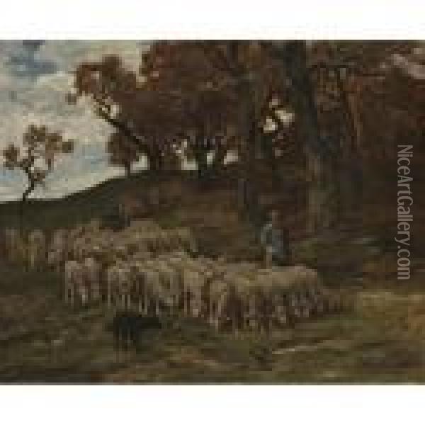 A Shepherd With His Flock In The Woods Oil Painting - Charles Emile Jacque