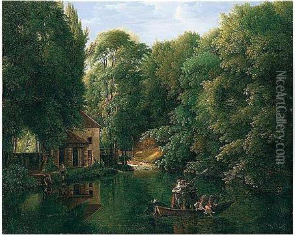 View Of 'la Brasserie' At Ermenonville, With Sportsmen Shooting Duck On A River Oil Painting - Alexandre-Franois-Louis Comte De Girardin