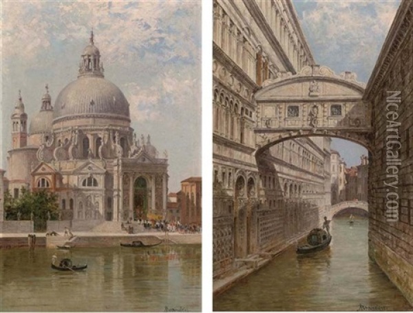 A Church Procession At Santa Maria Della Salute (+ A Gondolier At The Bridge Of Sighs; Pair) Oil Painting - Antonietta Brandeis