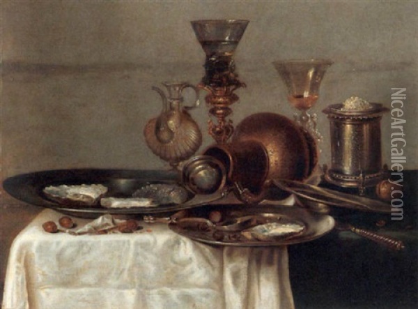 A Still Life With Three Pewter Plates, A Water-bottle, A Glass On A Gilt Bekerschroef, A Jug, A Wine-glass, A Silver Salt Cellar, Nuts, A Knife And A Silver Spoon Oil Painting - Willem Claesz Heda