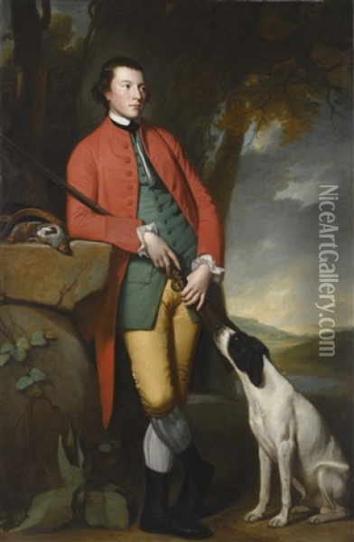 Portrait Of Peter Woodhouse (b. 1745), Full-length, Wearing A Red Coat, With His Black And White Pointer, A Gun And A Brace Of Grey Partridges, A View Of Warton Crag, Lancaster, Beyond Oil Painting - George Romney