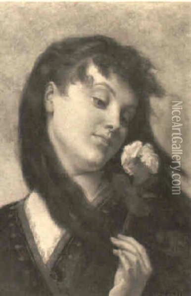 Portrait Of A Woman Holding A Rose Oil Painting - Gustave Clarence Rodolphe Boulanger