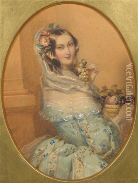 A Lady, Wearing Flowered Green Dress With Full Sleeves And White Lace Bertha, Her Brown Hair Dressed With Red Flowers And Green Leaves, A Striped White Veil Covering The Back Of Her Head Oil Painting - Francois Theodore Rochard