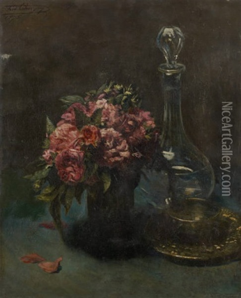 Roses Et Carafon Oil Painting - Frederic Pierre Tschaggeny