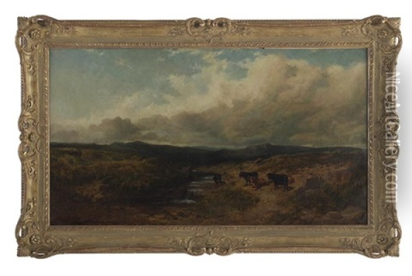 Extensive Highland Landscape With Cattle By A Stream Oil Painting - Edmund John Niemann