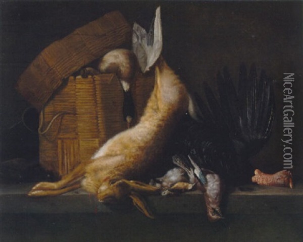 Still Life Of A Dead Hare, Turkey, Jays And A Songbird With A Basket And A Dead Mallard On A Ledge Oil Painting - Pieter Van Boucle