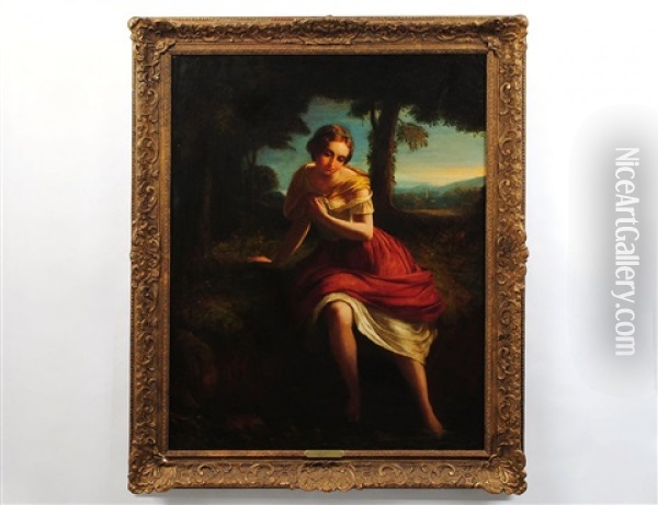 Maiden In A Landscape Bathing Feet Oil Painting - James John Hill