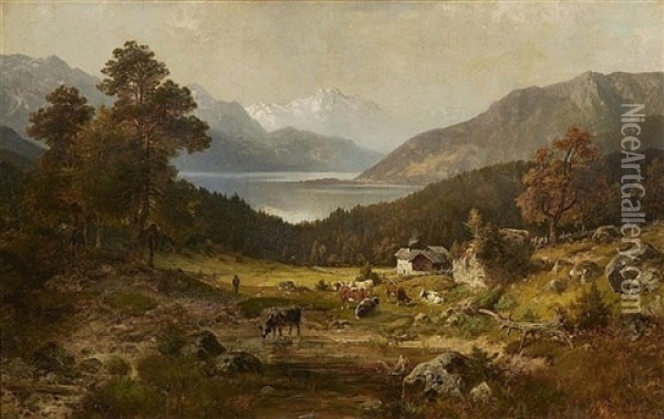 A View Of A Mountain Lake Oil Painting - Ludwig Sckell