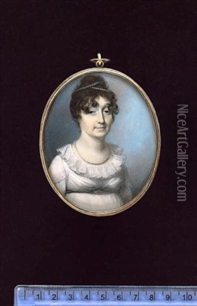A Lady, Wearing White Dress With Lace Collar, Lace-trimmed Shoulder Caps And Dark Grey Ribbon Waistband, Pearl Necklace And Two Strands Of Pearls In Her Upswept And Curled Dark Hair Oil Painting - George Engleheart