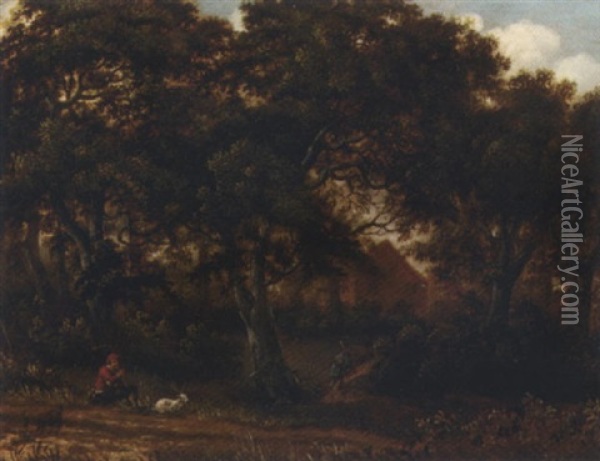 A Wooded Landscape With A Goatherd And His Flock Oil Painting - Meindert Hobbema