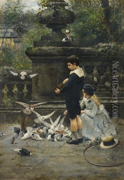 Kinder Mit Tauben Im Park Oil Painting - Eugene Joors