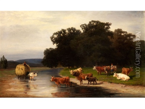 Kuhe Am Fluss Mit Bauerinnen Und Heuwagen Oil Painting - Amelie Ulrika Sofia von Schwerin