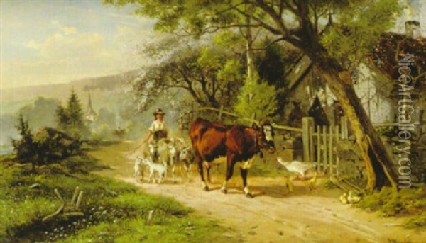 Herdeflicka Pa Landsvag Oil Painting - Bengt-Johan-Gustaf Brandelius