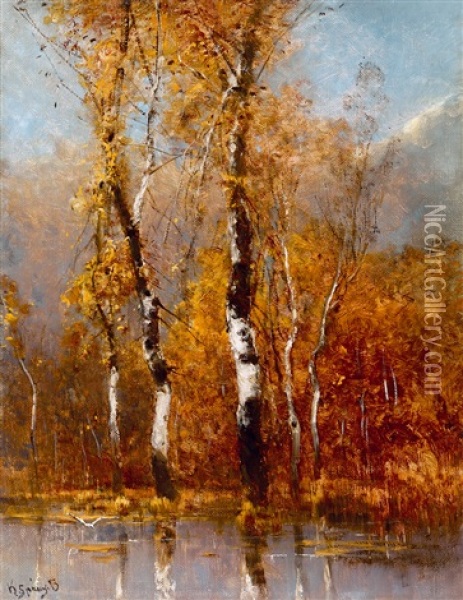 Birch Trees (autumn) Oil Painting - Bela Von Spanyi