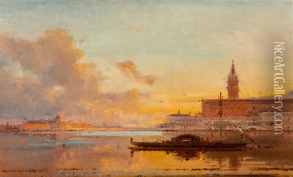 A View Of The Doge's Palace At Sunset Oil Painting - Henri Duvieux